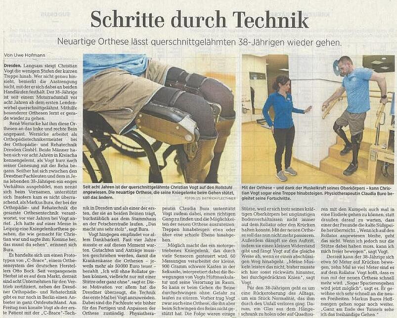 Artikel Dresdner Neueste Nachrichten 16./17. März 2019 "Schritte durch Technik" Artikel der Dresdner Neuesten Nachrichten vom 16./17. März 2019 "Schritte durch Technik" über einen gelähmten Patienten, der mit der C-Brace-Technologie wieder gehen kann