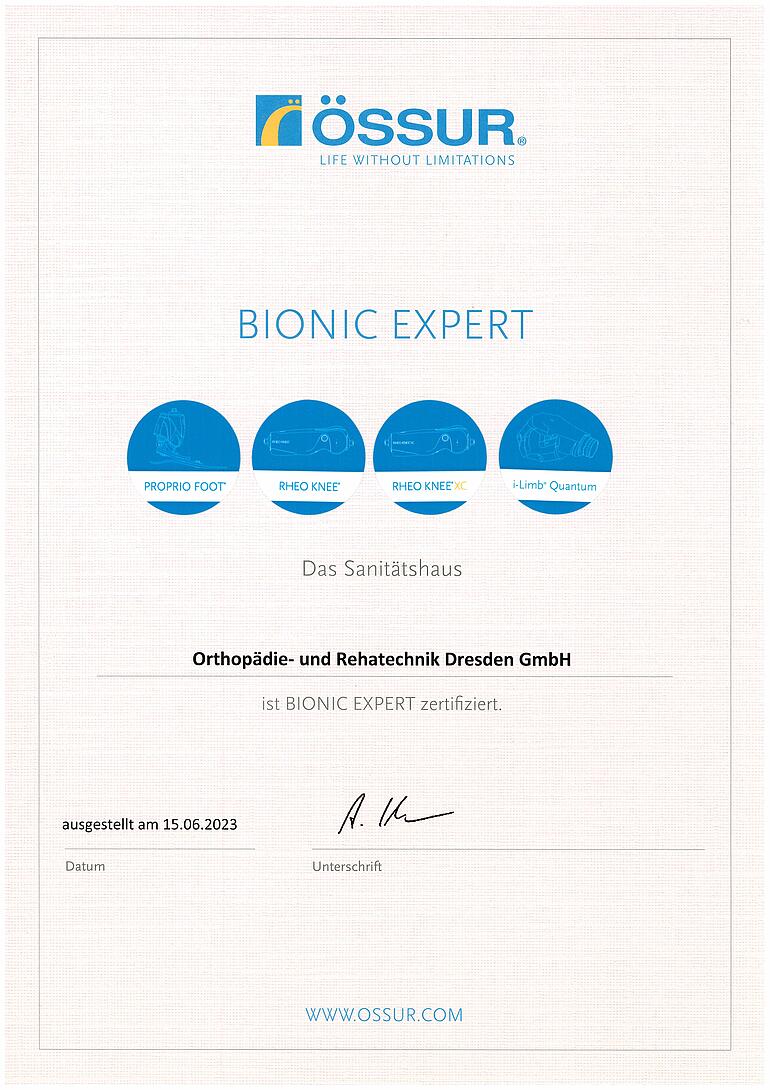 Össur-Zertifizierungsurkunde PROPRIO FOOT, RHEO KNEE, RHEO KNEE XC, I-Limb Quantum Zertifizierungsurkunde von Össur für PROPRIO FOOT, RHEO KNEE, RHEO KNEE XC, I-Limb Quantum